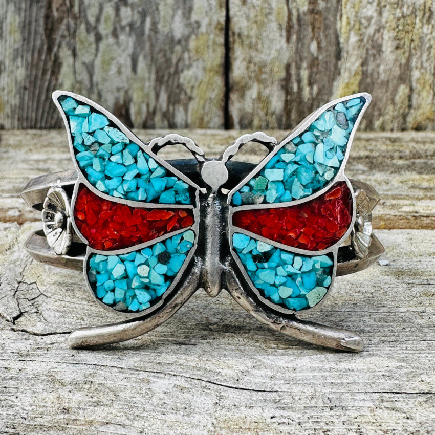 Vintage Navajo Sterling Silver Butterfly Bracelet Shiprock Mosaic Bracelet