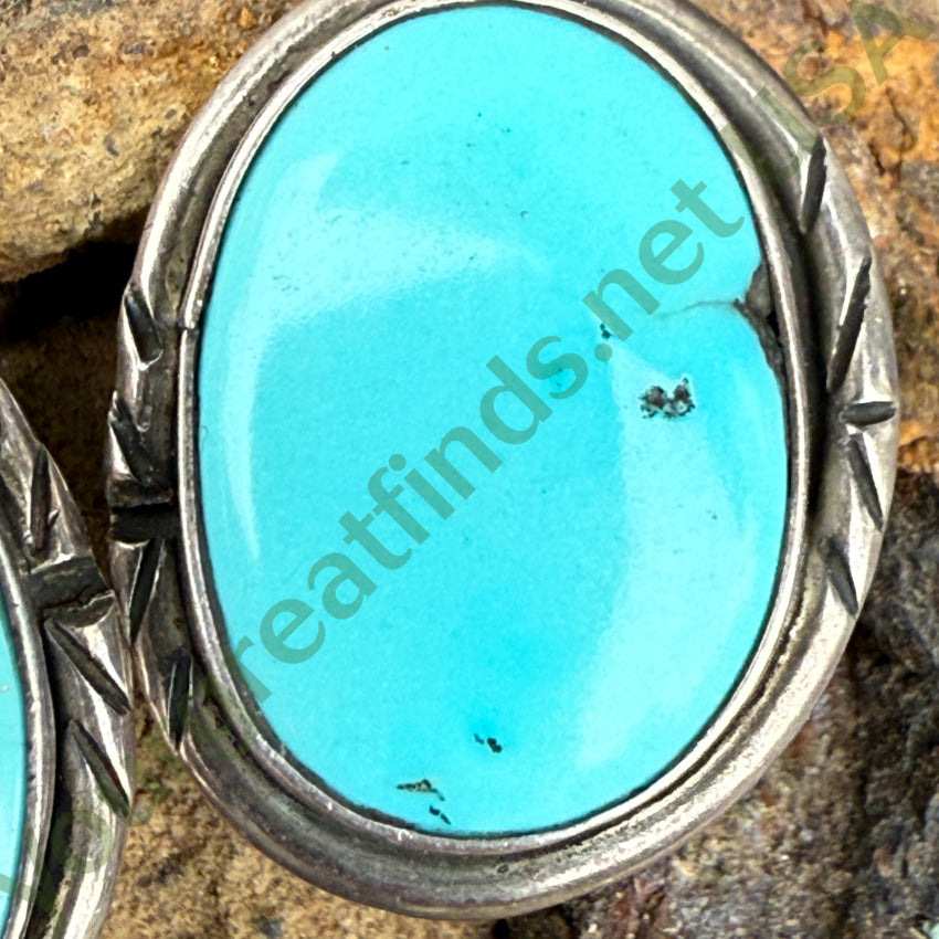 Vintage Navajo Sterling Silver & Cerillos Mine Turquoise Clip Earrings ring