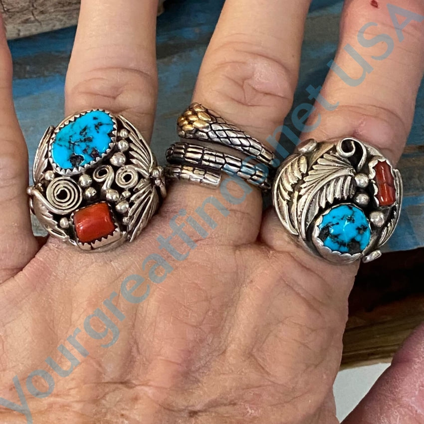Vintage Navajo Sterling Silver Chunky Ring Turquoise Coral 11