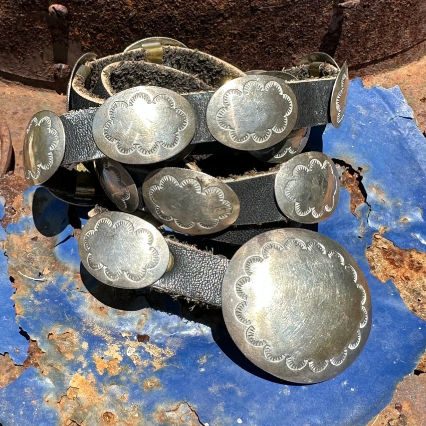 Vintage Navajo Sterling Silver Concho Belt Black Leather