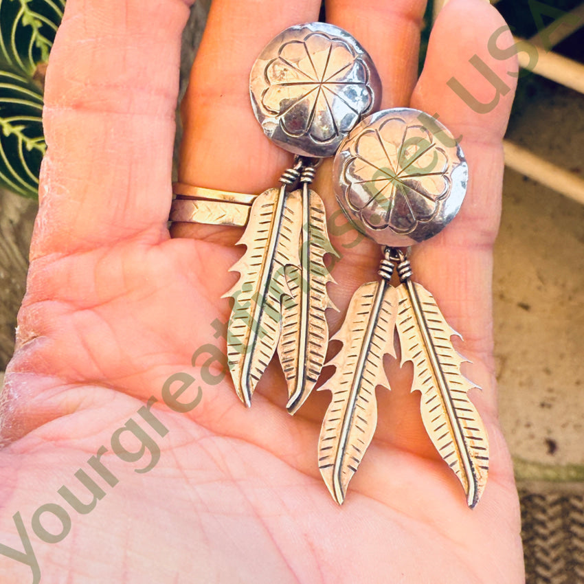 Vintage Navajo Sterling Silver Concho & Feather Pierced Post Earrings earrings