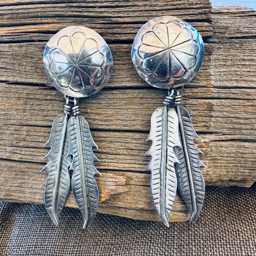Vintage Navajo Sterling Silver Concho & Feather Pierced Post Earrings earrings
