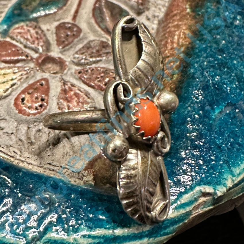 Vintage Navajo Sterling Silver Coral Two Feather Long Ring Size 6