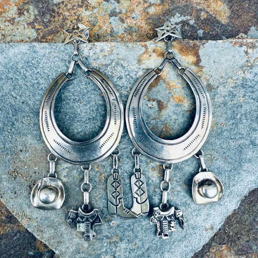 Vintage Navajo Sterling Silver Cowboy Hoop Pierced Post Earrings earrings