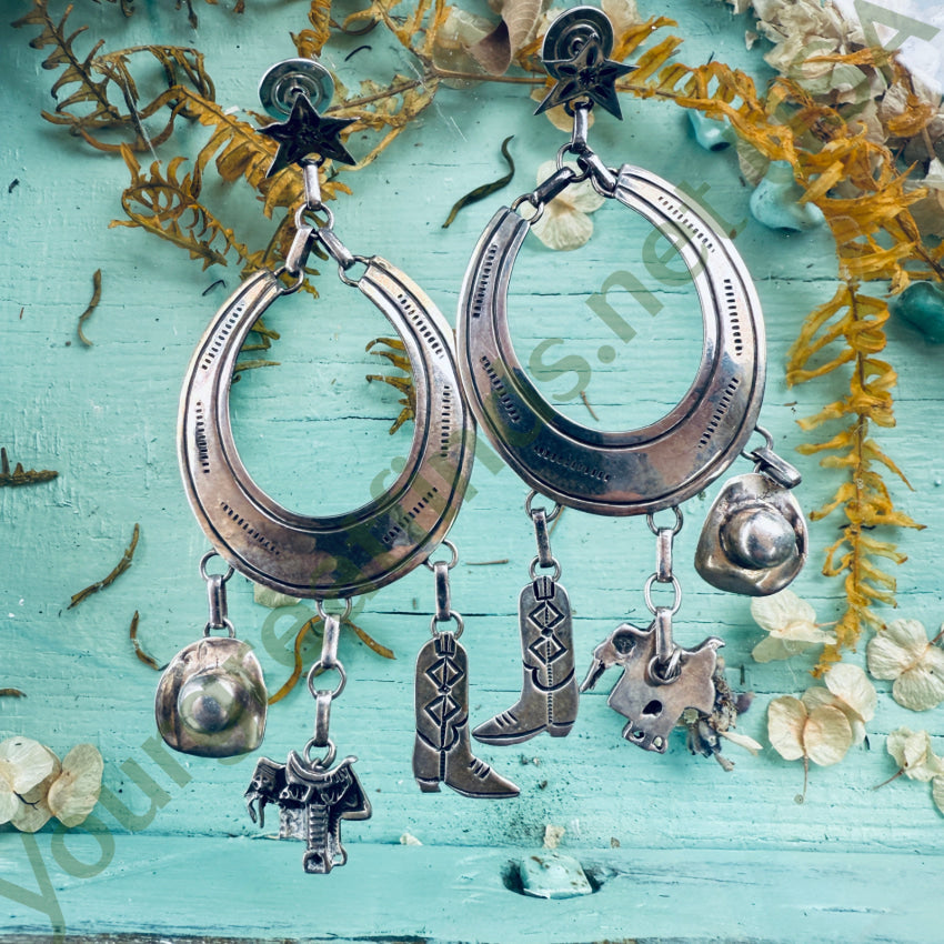 Vintage Navajo Sterling Silver Cowboy Hoop Pierced Post Earrings earrings