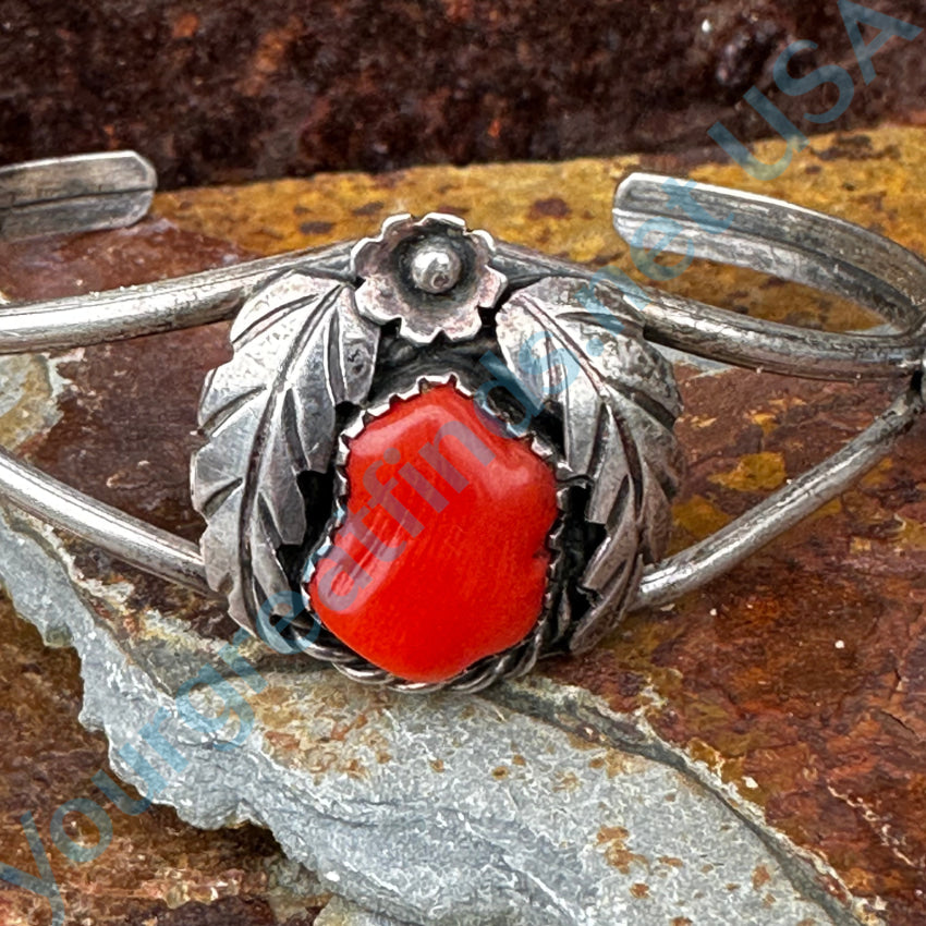 Vintage Navajo Sterling Silver Cuff Bracelet Deep Red Coral