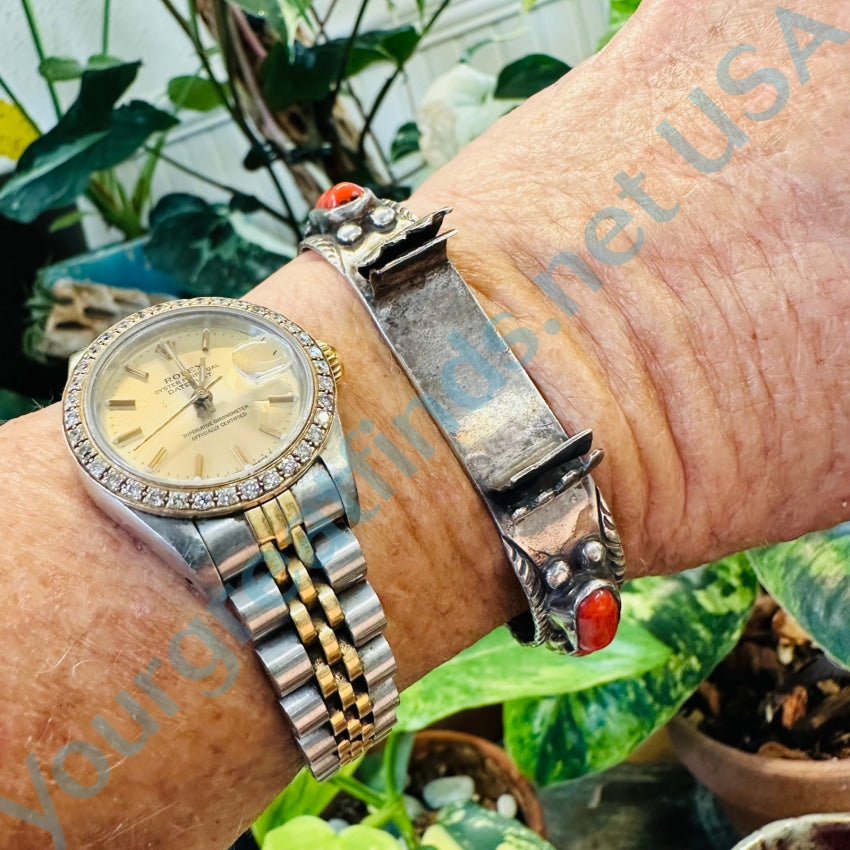 Vintage Navajo Sterling Silver Cuff Bracelet Watch Band Coral
