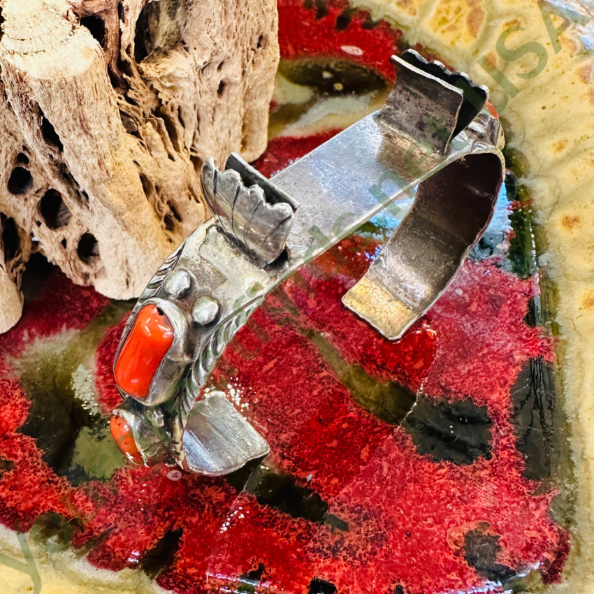 Vintage Navajo Sterling Silver Cuff Bracelet Watch Band Coral