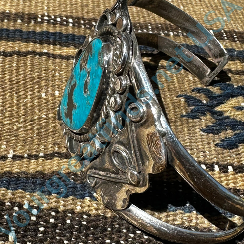 Vintage Navajo Sterling Silver Deep Blue Turquoise Bracelet Large Size