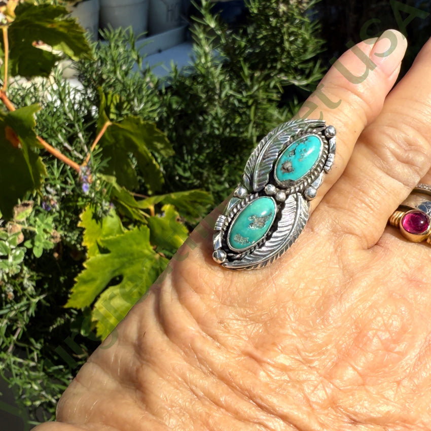 Vintage Navajo Sterling Silver Double Turquoise Ring Size 5 3/4 bracelet