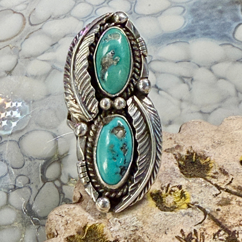Vintage Navajo Sterling Silver Double Turquoise Ring Size 5 3/4 bracelet