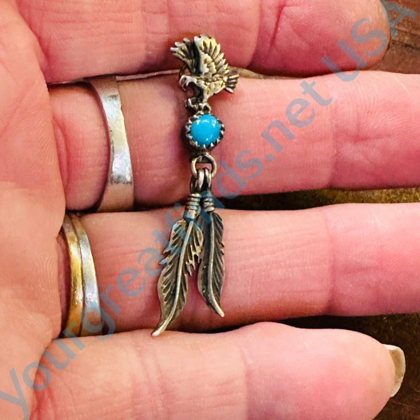 Vintage Navajo Sterling Silver Eagle 2 Feather Turquoise Pendant Begay