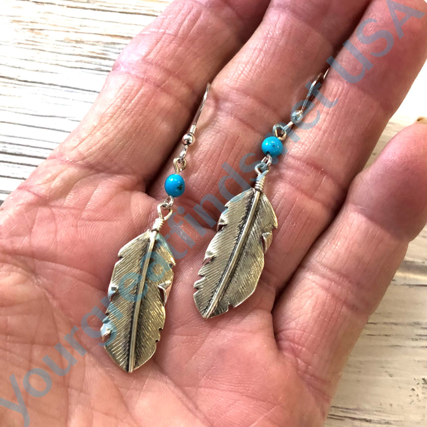 Vintage Navajo Sterling Silver Feather Earrings Turquoise Beads