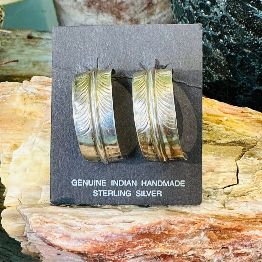Vintage Navajo Sterling Silver Feather Hoop Pierced Earrings