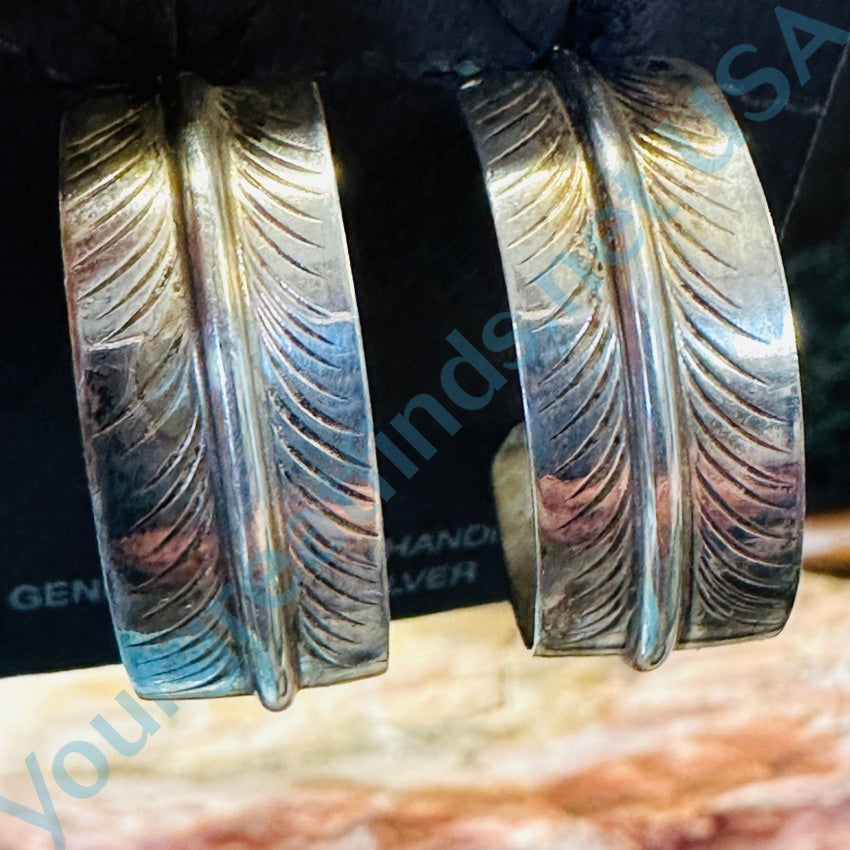 Vintage Navajo Sterling Silver Feather Hoop Pierced Earrings