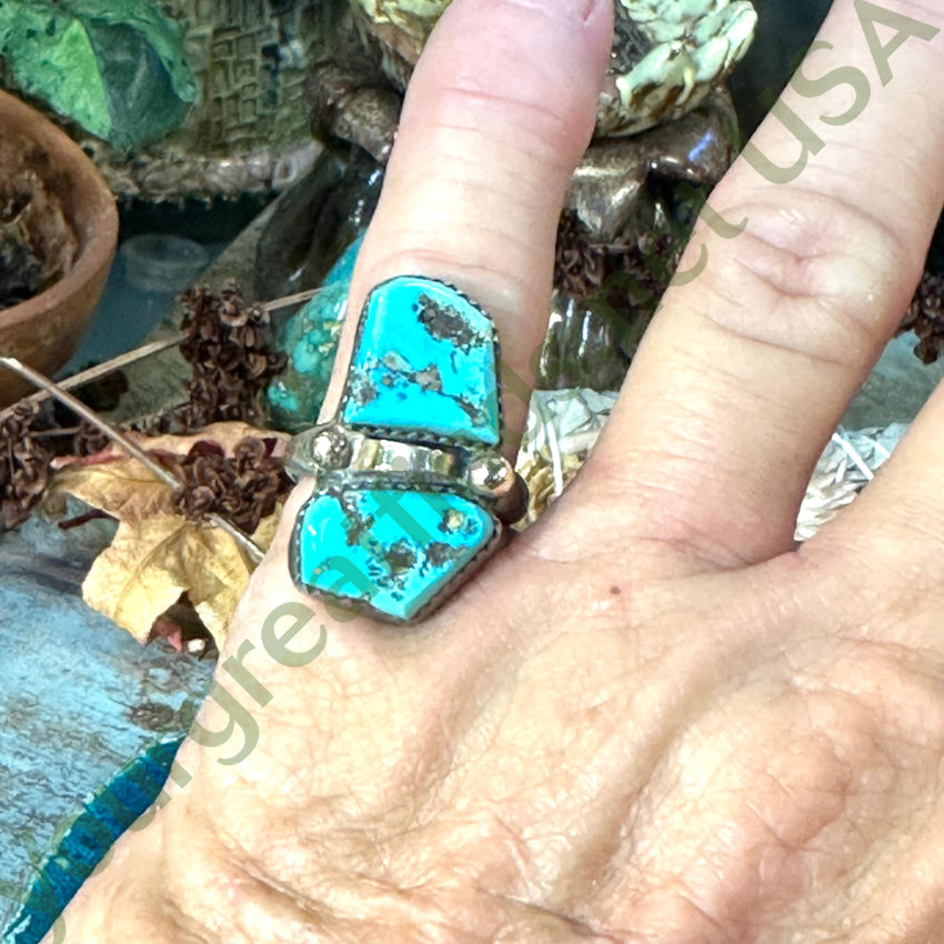 Vintage Navajo Sterling Silver & Gold Turquoise Ring Size 6