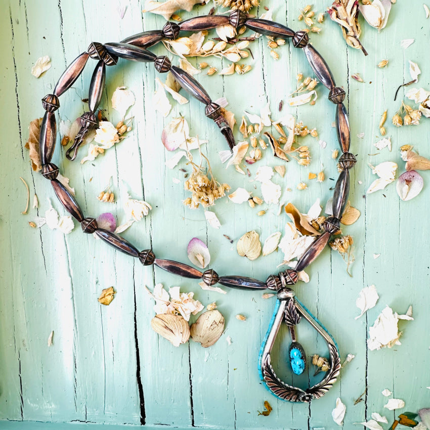 Vintage Navajo Sterling Silver & Heishi Turquoise Bench Bead Necklace