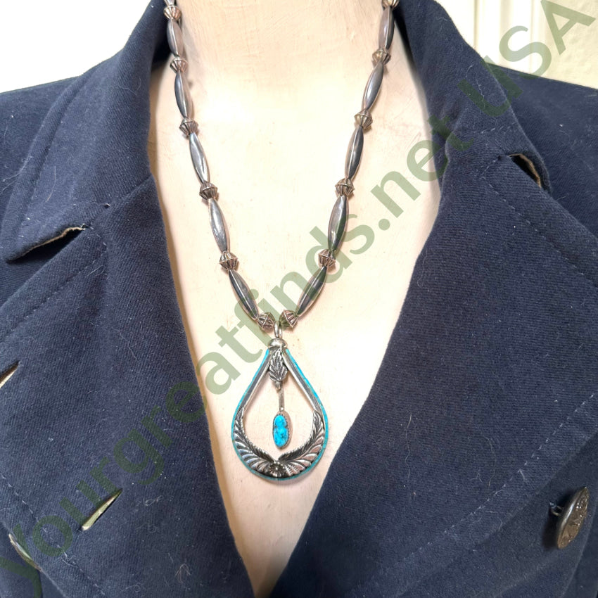 Vintage Navajo Sterling Silver & Heishi Turquoise Bench Bead Necklace