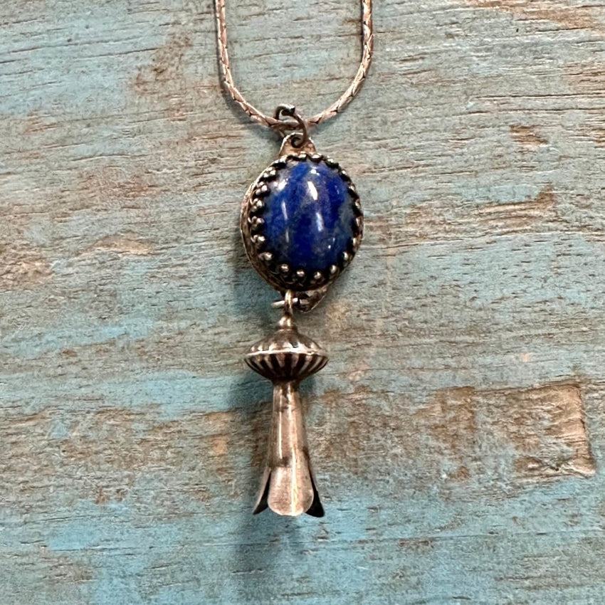 Vintage Navajo Sterling Silver Lapis Squash Blossom Necklace