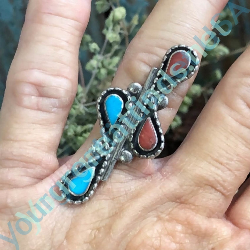 Vintage Navajo Sterling Silver Long Ring Turquoise Size 6.5 Yourgreatfinds