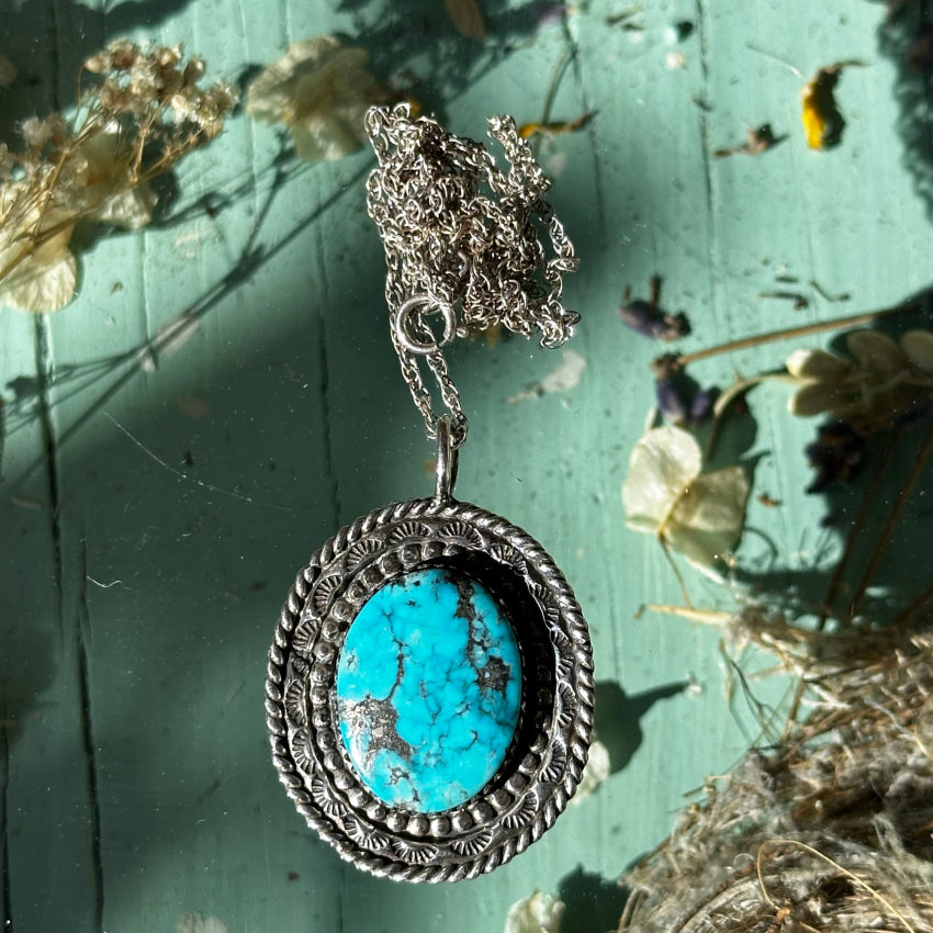 Vintage Navajo Sterling Silver & Morenci Turquoise Necklace