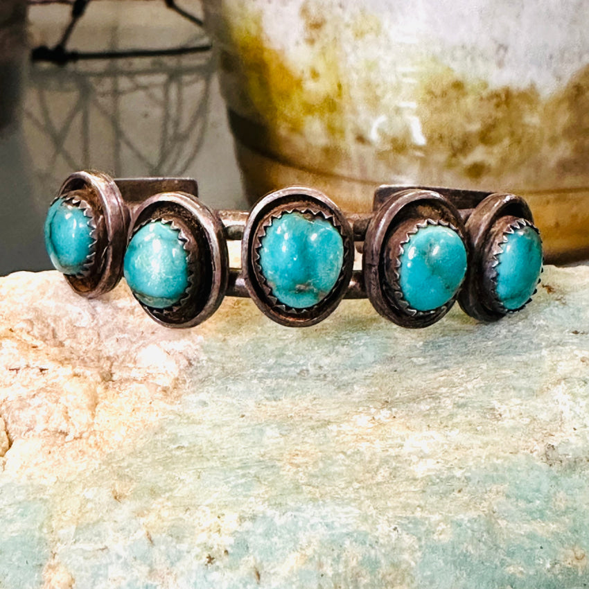 Vintage Navajo Sterling Silver & Natural Turquoise Row Bracelet Bracelets