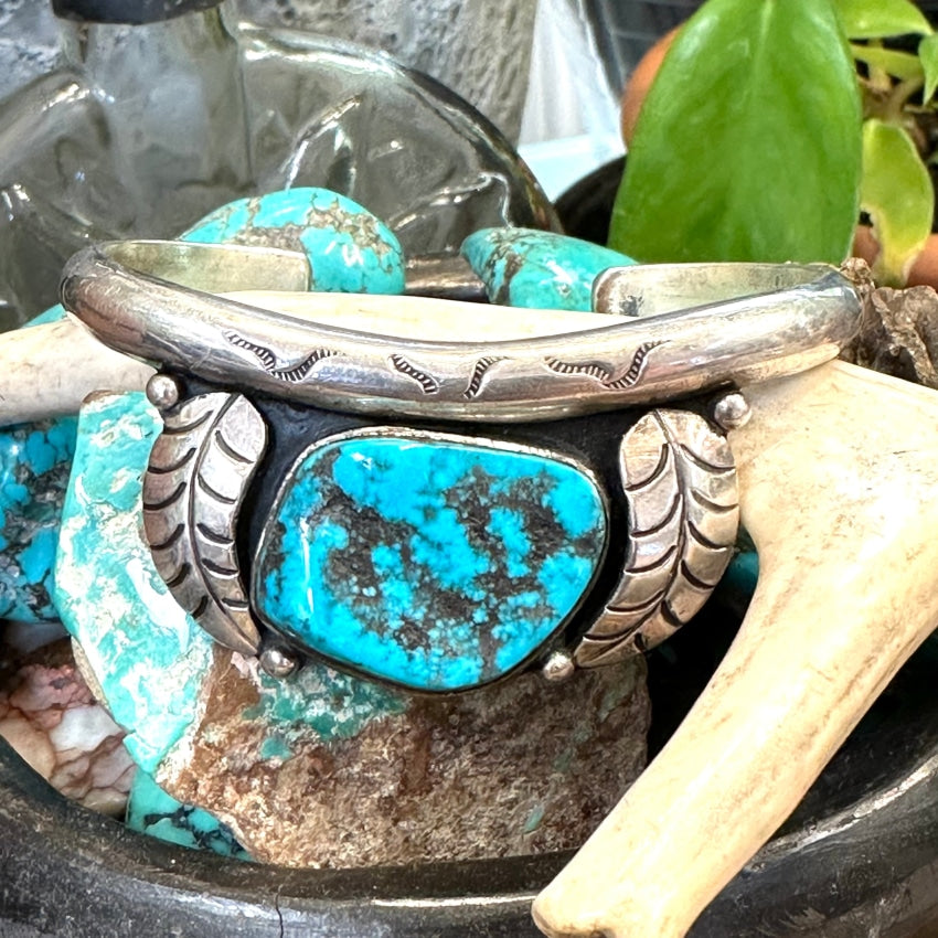 Vintage Navajo Sterling Silver Off-Set Turquoise Bracelet