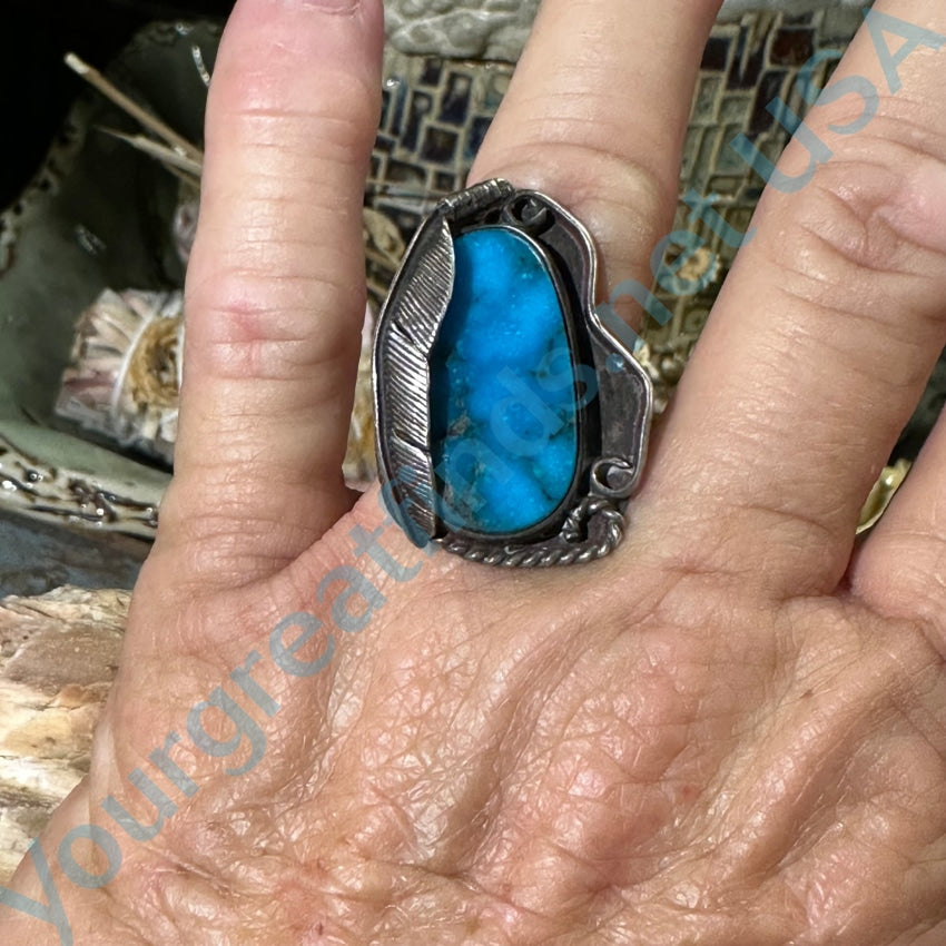 Vintage Navajo Sterling Silver One Feather Ring Deep Blue Turquoise 7