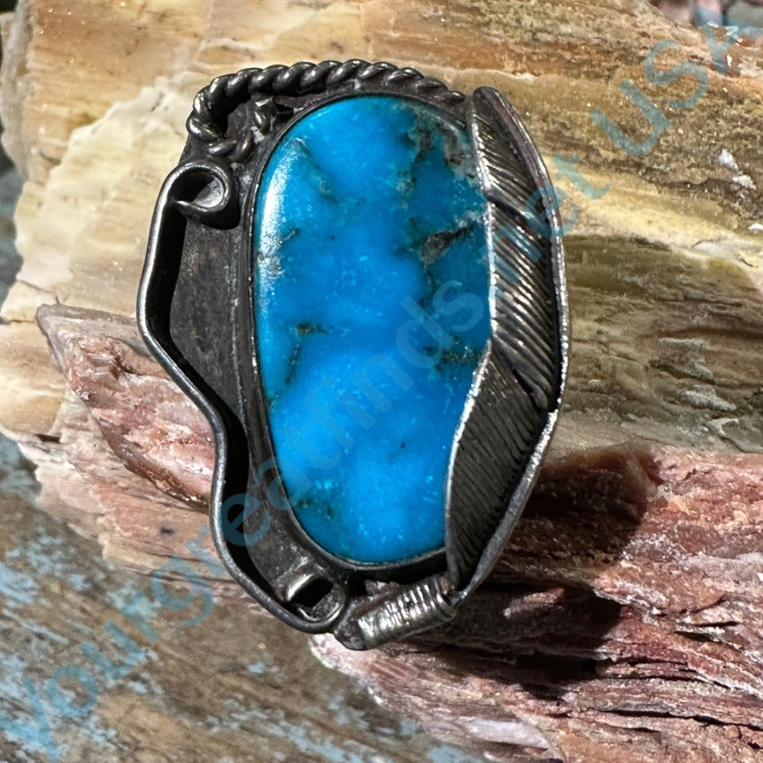 Vintage Navajo Sterling Silver One Feather Ring Deep Blue Turquoise 7