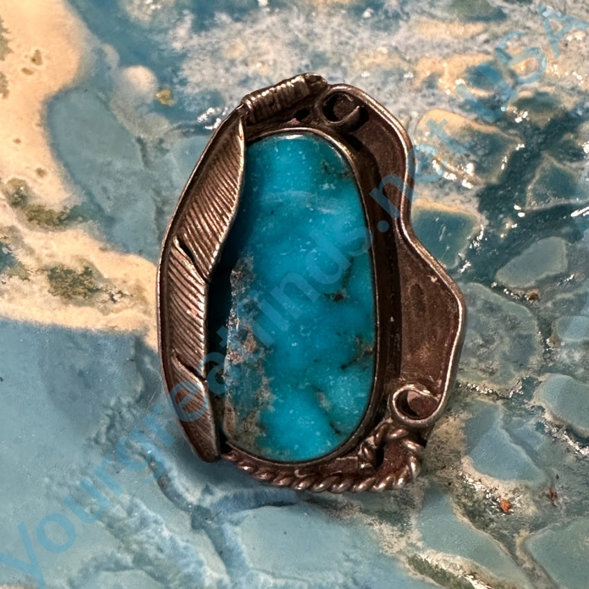 Vintage Navajo Sterling Silver One Feather Ring Deep Blue Turquoise 7