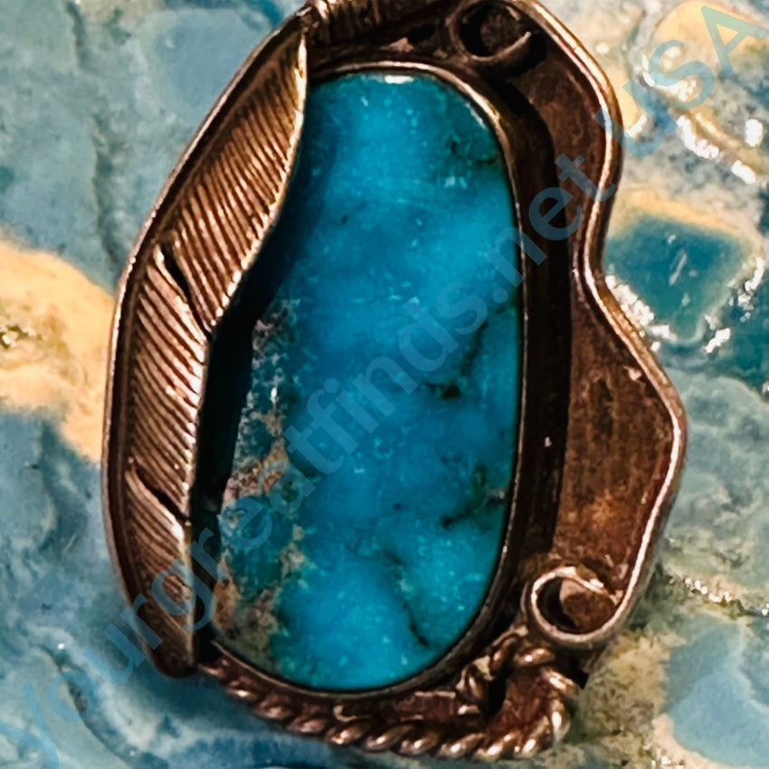 Vintage Navajo Sterling Silver One Feather Ring Deep Blue Turquoise 7