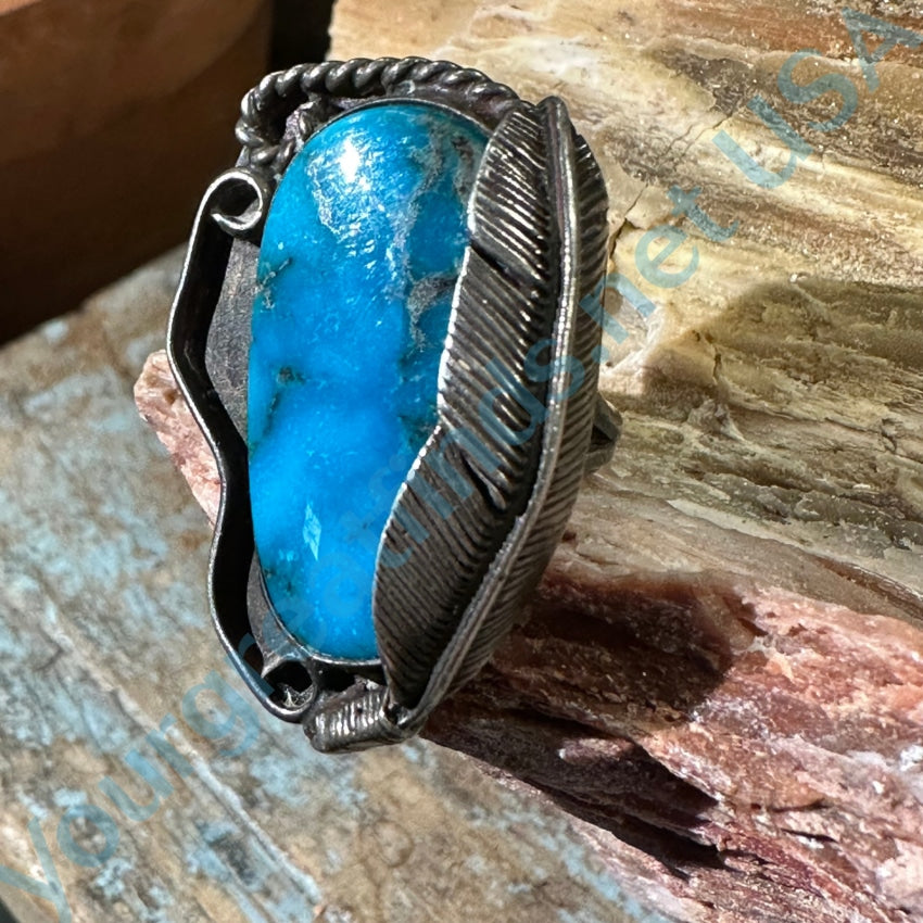 Vintage Navajo Sterling Silver One Feather Ring Deep Blue Turquoise 7