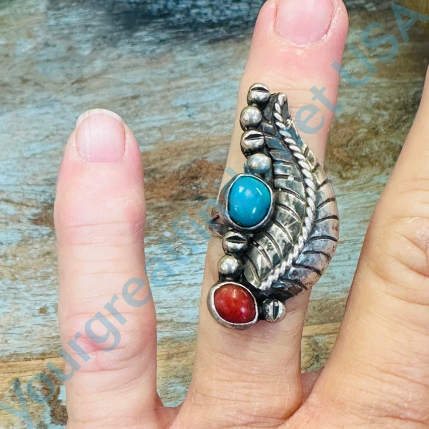 Vintage Navajo Sterling Silver One Feather Ring Turquoise C0Ral 6.5