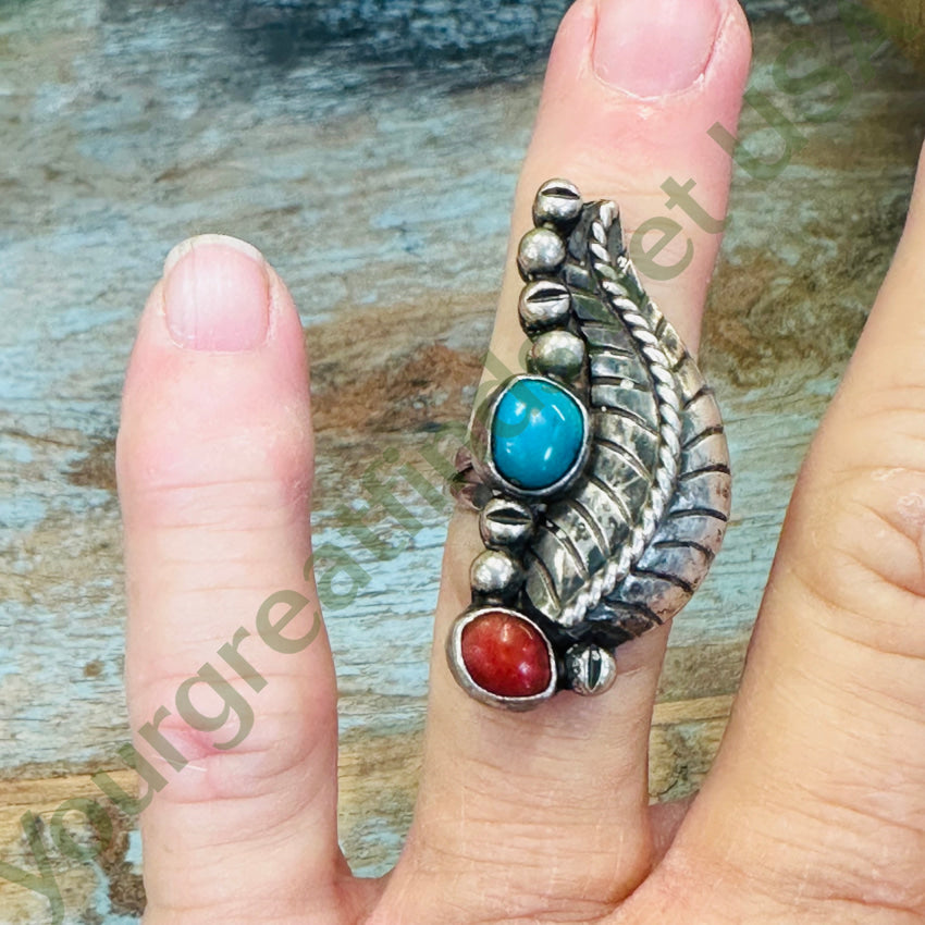 Vintage Navajo Sterling Silver One Feather Ring Turquoise Coral