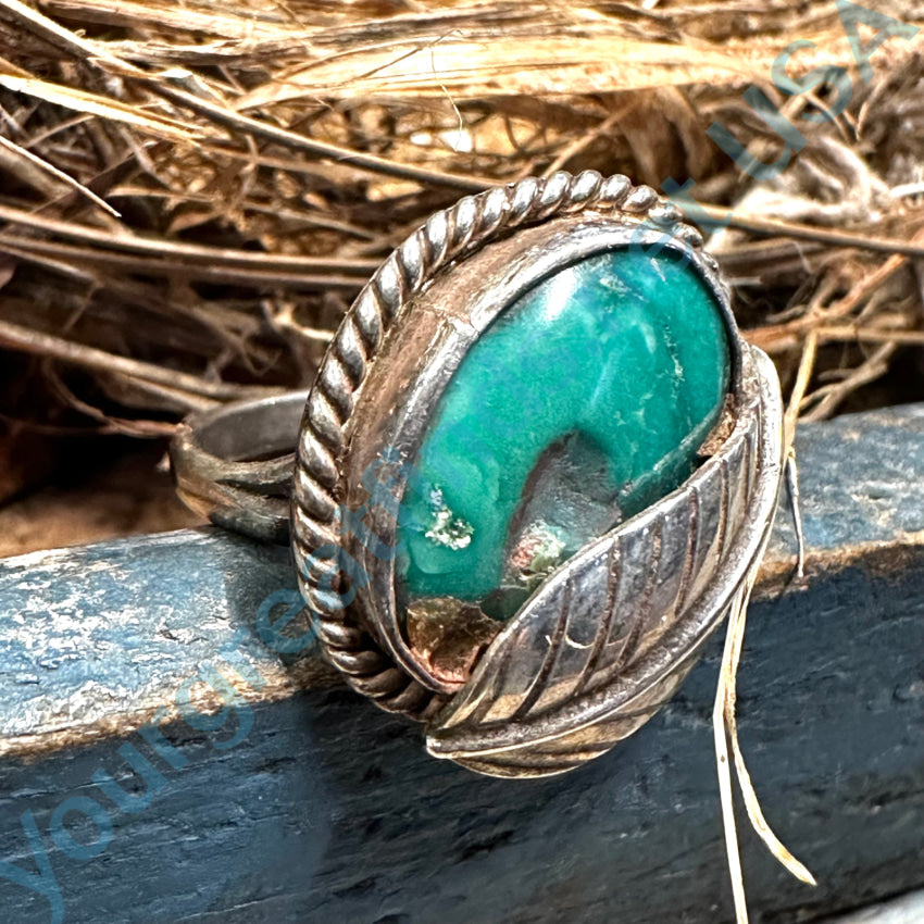 Vintage Navajo Sterling Silver One Feather Turquoise Ring Size 6