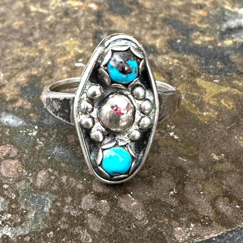 Vintage Navajo Sterling Silver Orb & Turquoise Ring Size 7 3/4