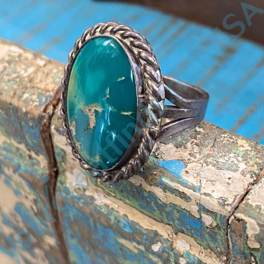 Vintage Navajo Sterling Silver Oval Teal Turquoise Ring 6.5