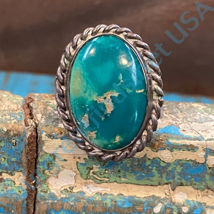 Vintage Navajo Sterling Silver Oval Teal Turquoise Ring 6.5