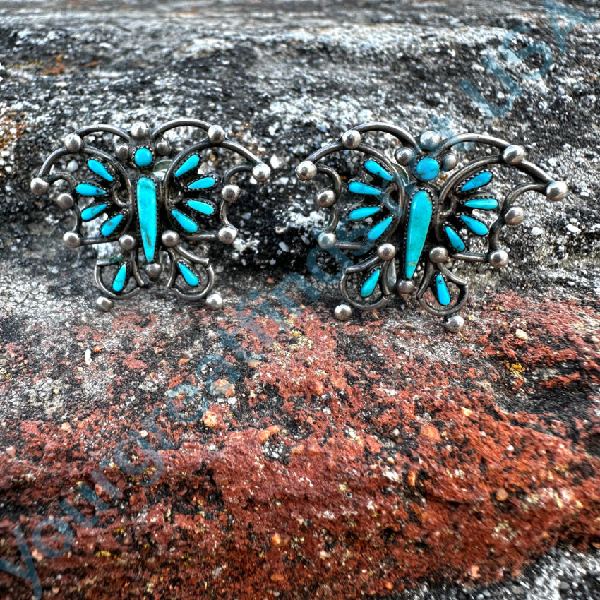 Vintage Navajo Sterling Silver Petit Point Turquoise Butterfly Screw Back Earrings Earrings