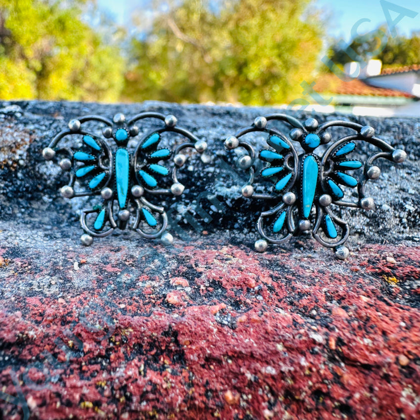 Vintage Navajo Sterling Silver Petit Point Turquoise Butterfly Screw Back Earrings Earrings