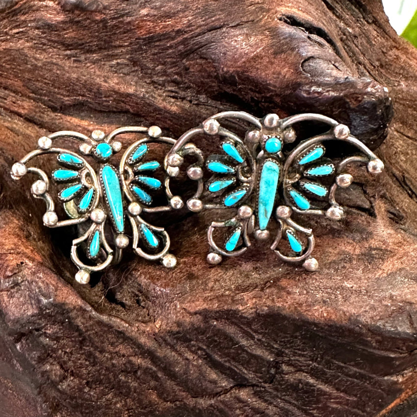 Vintage Navajo Sterling Silver Petit Point Turquoise Butterfly Screw Back Earrings Earrings