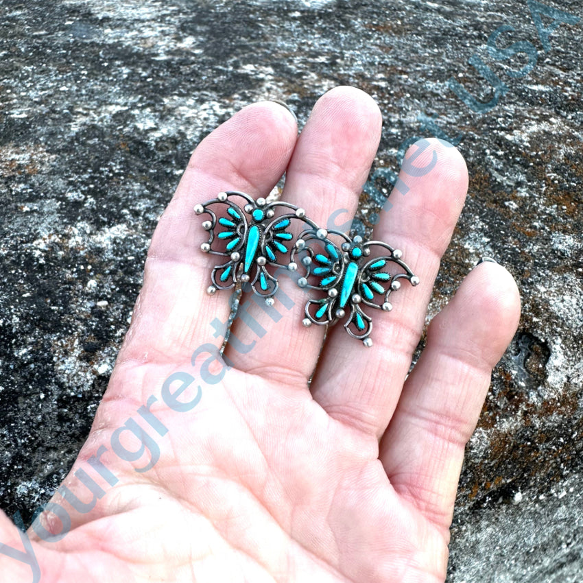 Vintage Navajo Sterling Silver Petit Point Turquoise Butterfly Screw Back Earrings Earrings