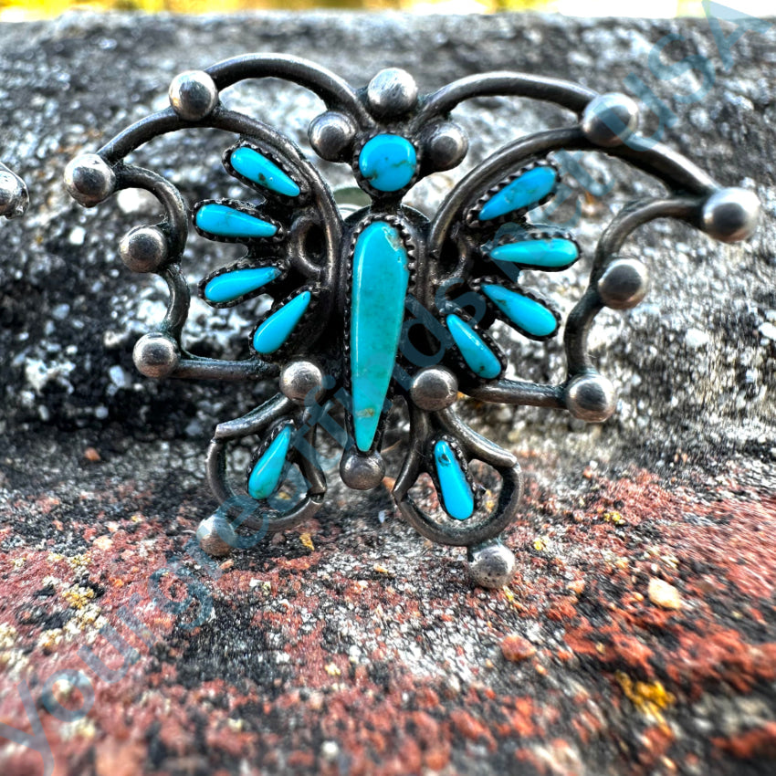 Vintage Navajo Sterling Silver Petit Point Turquoise Butterfly Screw Back Earrings Earrings