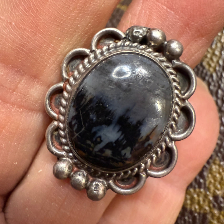 Vintage Navajo Sterling Silver Petrified Wood Landscape Agate Ring 6 ring