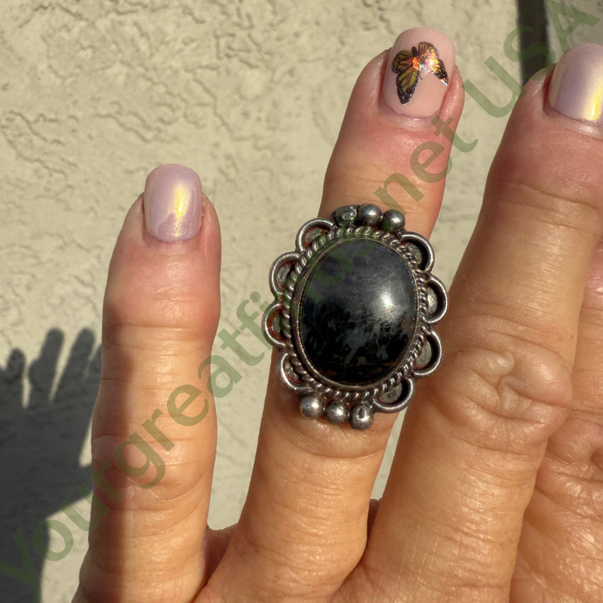 Vintage Navajo Sterling Silver Petrified Wood Landscape Agate Ring 6 ring