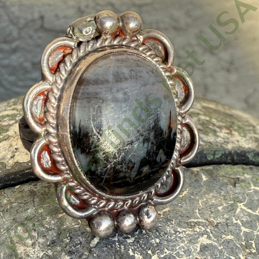 Vintage Navajo Sterling Silver Petrified Wood Landscape Agate Ring 6 ring