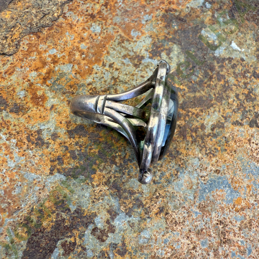 Vintage Navajo Sterling Silver Petrified Wood Landscape Agate Ring 6 ring