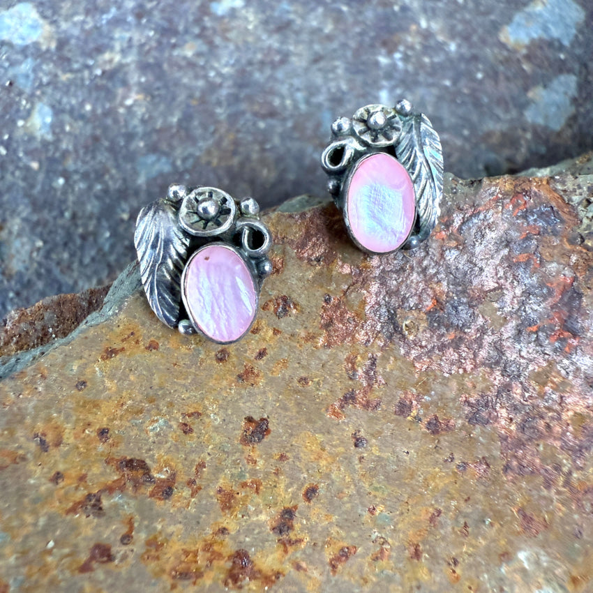 Vintage Navajo Sterling Silver Pink Mother-Of-Pearl Stud Post Earrings Earrings