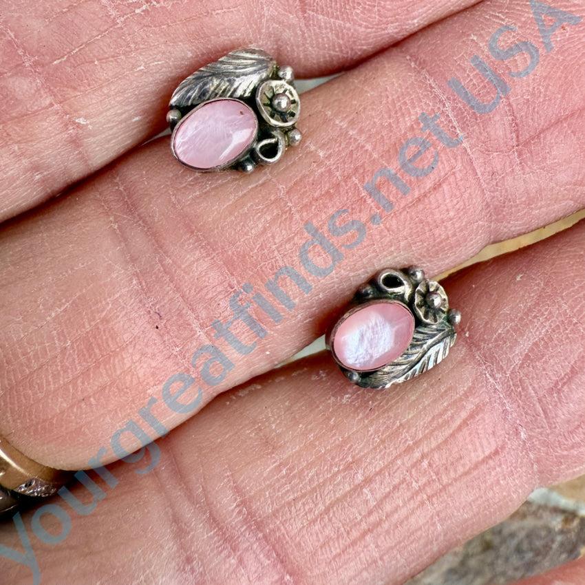 Vintage Navajo Sterling Silver Pink Mother-Of-Pearl Stud Post Earrings Earrings