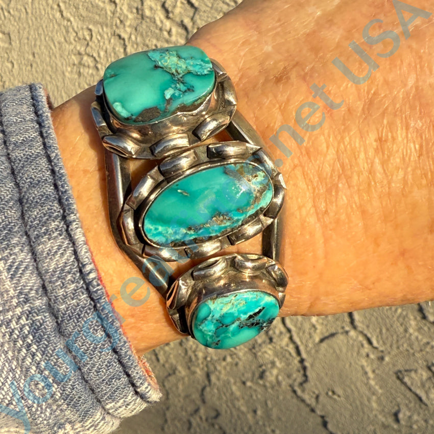 Vintage Navajo Sterling Silver & Rare Turquoise Row Bracelet Bracelet